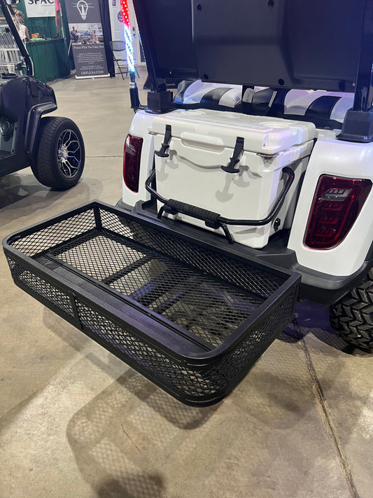 Golf cart basket hitch attachment
